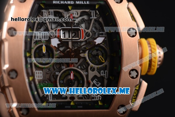 Richard Mille RM 011 Felipe Massa Flyback Swiss Valjoux 7750 Automatic Rose Gold Case with Skeleton Dial and Black Rubber Strap Arabic Numeral Markers - Click Image to Close